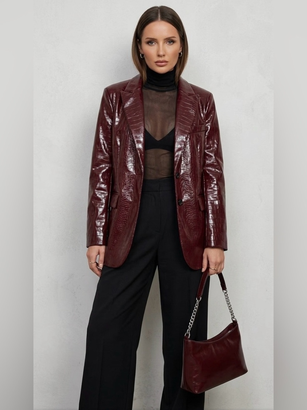 Burgundy Oxblood Croc-Embossed Faux Leather Blazer|Statement Fall Jacket|XL NWOT